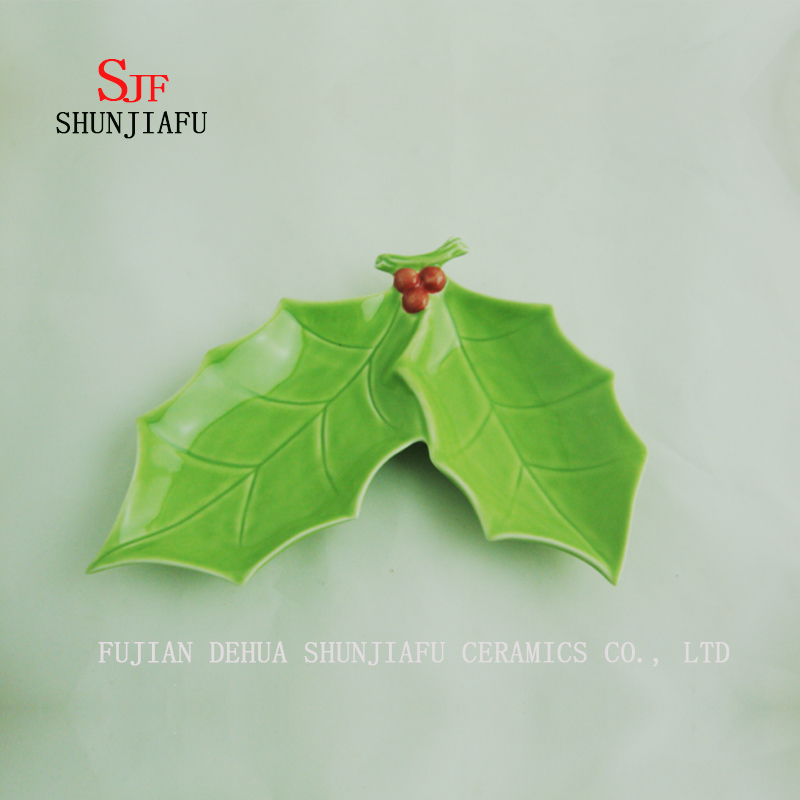 2size / Green Leafセラミッククリスマスダブルプレート