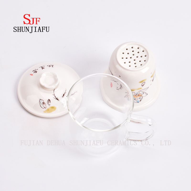 セラミックマグ二重壁ガラスティーカップ創造的な透明マグ3ピースセット、フィルターと蓋付きローズフラワーティーマグガラスセラミックカップ