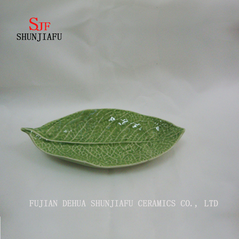 緑の葉セラミック光沢のあるソースディナープレート仕上げディッピングディッシュ