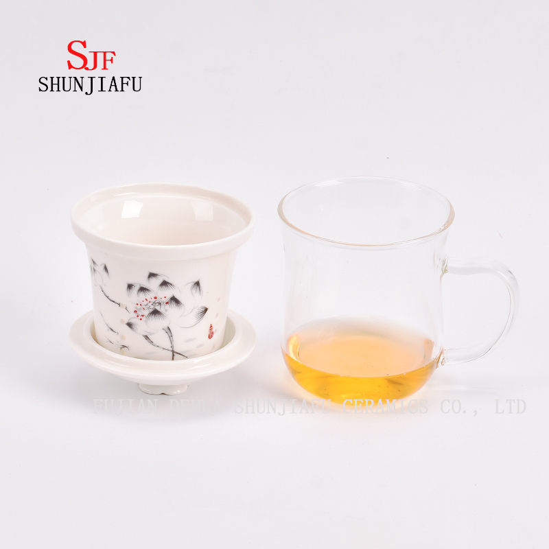 オフィスとホームフラワーティーカップ、セラミックとガラスカップの組み合わせ、お茶、コーヒー、フラワーティー