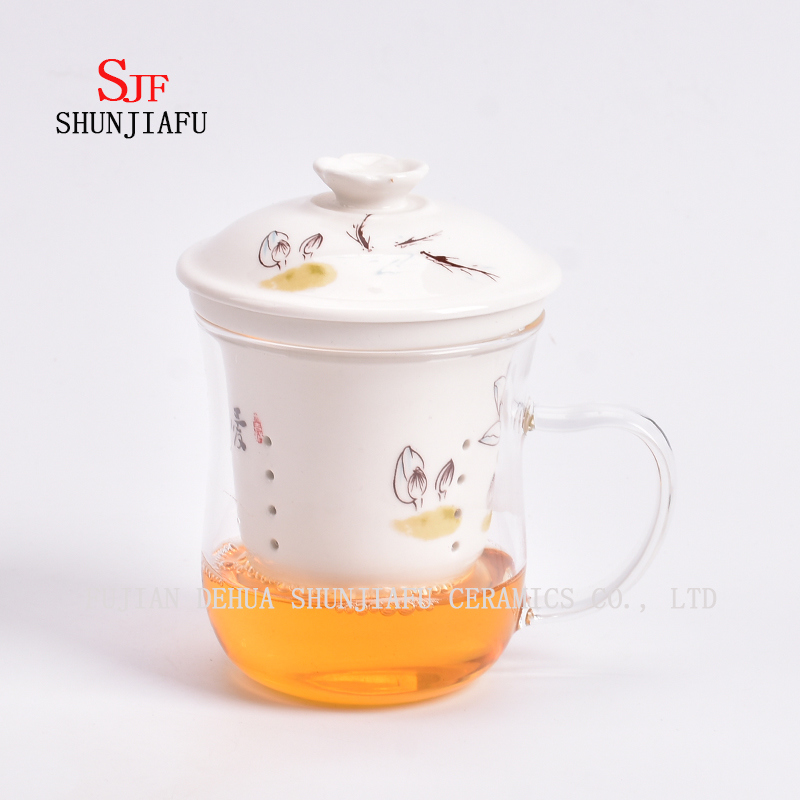 セラミックマグ二重壁ガラスティーカップ創造的な透明マグ3ピースセット、フィルターと蓋付きローズフラワーティーマグガラスセラミックカップ