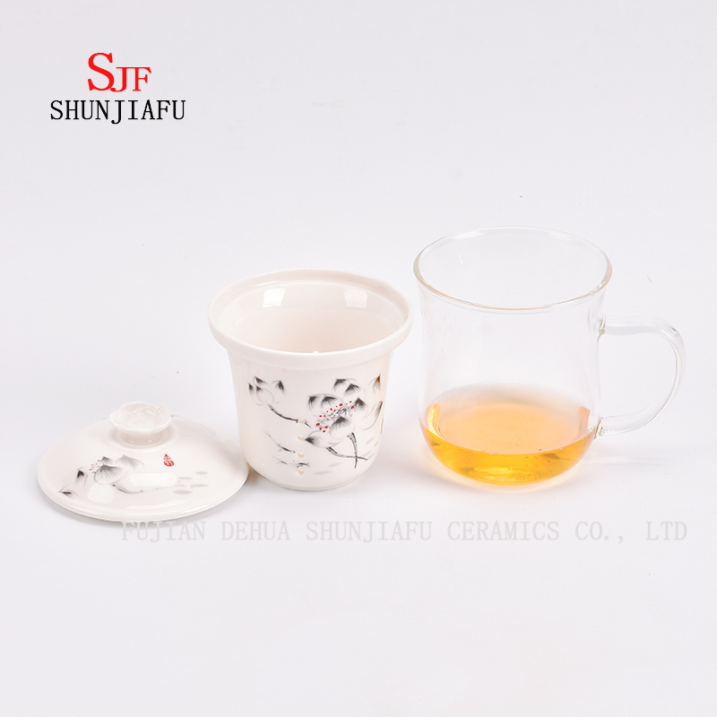 オフィスとホームフラワーティーカップ、セラミックとガラスカップの組み合わせ、お茶、コーヒー、フラワーティー