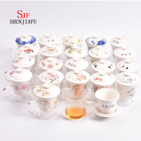 セラミックマグ二重壁ガラスティーカップ創造的な透明マグ3ピースセット、フィルターと蓋付きローズフラワーティーマグガラスセラミックカップ