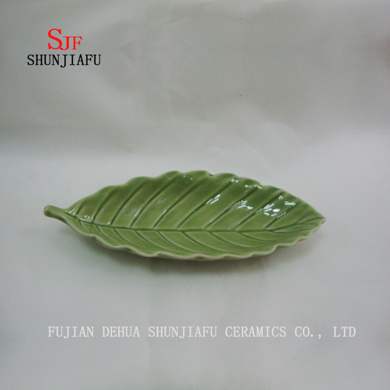 緑の葉セラミック光沢のあるソースディナープレート仕上げディッピングディッシュ