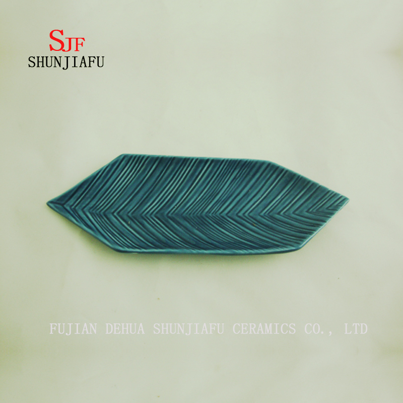 青い水ラインリーフセラミックサービングプレートソース皿セラミック