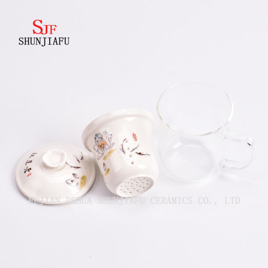 セラミックマグ二重壁ガラスティーカップ創造的な透明マグ3ピースセット、フィルターと蓋付きローズフラワーティーマグガラスセラミックカップ