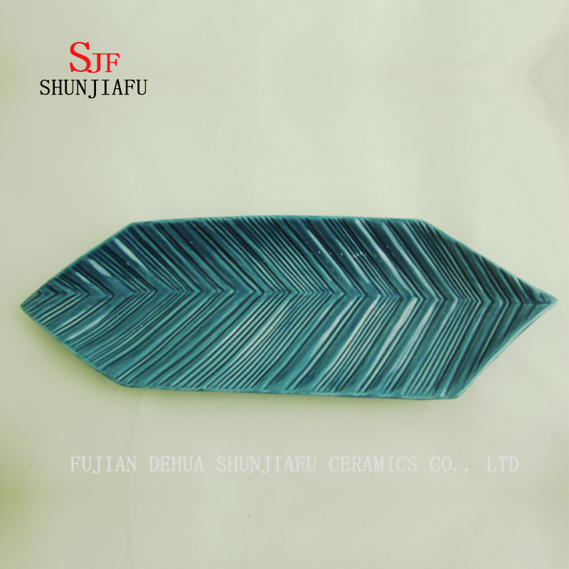 青い水ラインリーフセラミックサービングプレートソース皿セラミック