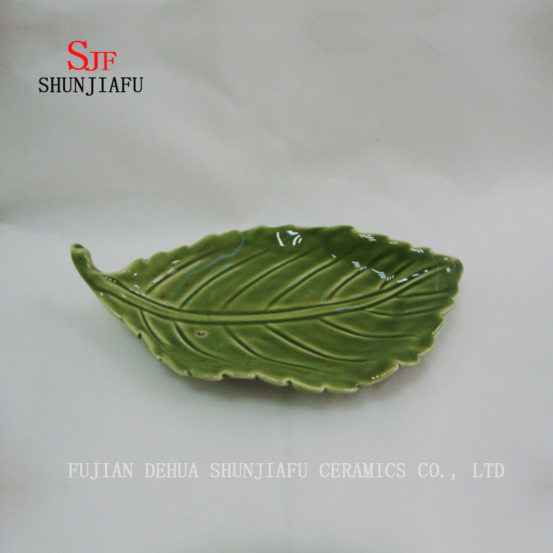 緑の葉セラミック光沢のあるソースディナープレート仕上げディッピングディッシュ
