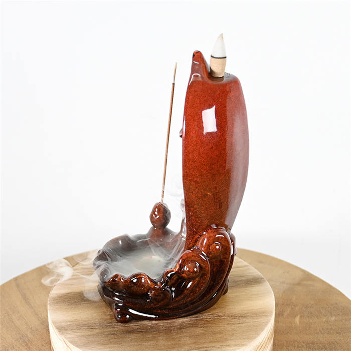 赤いセラミックロータスリーフ像滝バックフローセンスコーンバーナー