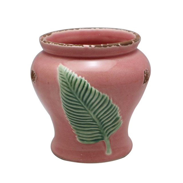 セラミックエンボス緑の葉ピンクの植木鉢