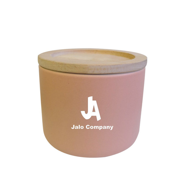 竹の蓋が付いたピンクのセラミックポットセラミックキャンドルジャー